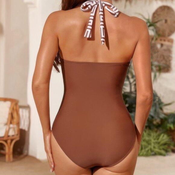 Brown Printed Halter Swimsuit | Deep V Neck One Piece Bodycon Swimwear - Picture 3 of 3